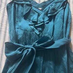 Rebecca Taylor Teal Silk Ruffled V-neck Dress with Tie Belt